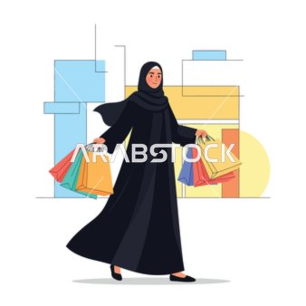 الأناقة العصرية والفخر الثقافي، امرأة ترتدي عباية تقليدية تستمتع بالتسوق في المدينة، تحمل حقائب تسوق ملونة بابتسامة،. خلفية بيضاء، فيكتور اليستريتور.