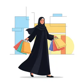 الأناقة العصرية والفخر الثقافي، امرأة ترتدي عباية تقليدية تستمتع بالتسوق في المدينة، تحمل حقائب تسوق ملونة بابتسامة،. خلفية بيضاء، فيكتور اليستريتور.