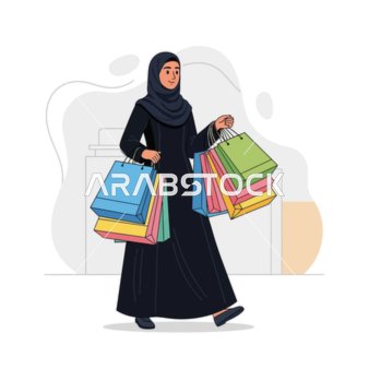 الأناقة العصرية والفخر الثقافي، امرأة ترتدي عباية تقليدية تستمتع بالتسوق في المدينة، تحمل حقائب تسوق ملونة بابتسامة،. خلفية بيضاء، فيكتور اليستريتور.