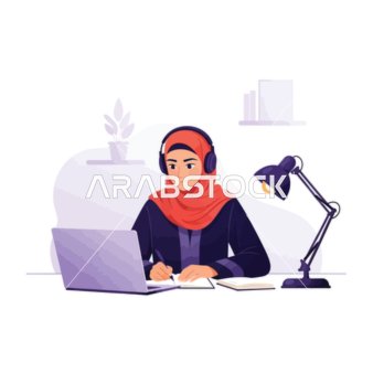The embodiment of dedication to study and professional development. An Arab woman in a hijab is seriously focused on her work on a laptop and taking notes, with a white background, vector illustration.