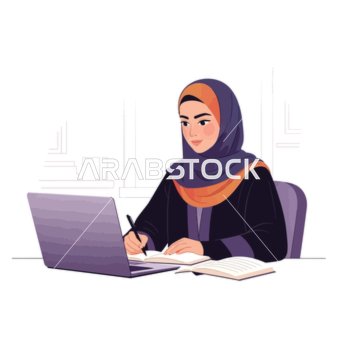 تجسد التفاني في الدراسة والتطوير المهني.، امرأة عربية محجبة تركز بجدية على عملها على الكمبيوتر المحمول وتدوين الملاحظات، خلفية بيضاء، فيكتور اليستريتور.