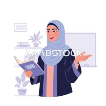 معلمة مسلمة ملهمة في فصل دراسي، تشارك المعرفة وتعزز حب التعلم من خلال سرد القصص من كتاب، بيئة تعليمية نابضة بالحياة وشاملة.، خلفية بيضاء، فيكتور اليستريتور.