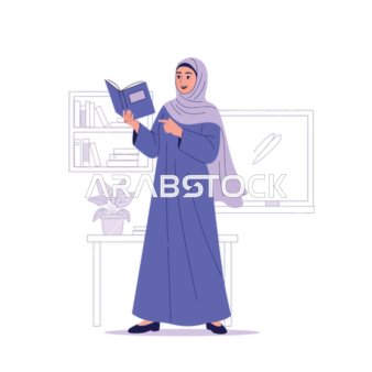 معلمة مسلمة ملهمة في فصل دراسي، تشارك المعرفة وتعزز حب التعلم من خلال سرد القصص من كتاب، بيئة تعليمية نابضة بالحياة وشاملة.، خلفية بيضاء، فيكتور اليستريتور.