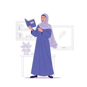 معلمة مسلمة ملهمة في فصل دراسي، تشارك المعرفة وتعزز حب التعلم من خلال سرد القصص من كتاب، بيئة تعليمية نابضة بالحياة وشاملة.، خلفية بيضاء، فيكتور اليستريتور.