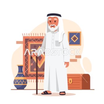 إحساسًا بالتراث والحكمة، رسم توضيحي لرجل عربي مسن مبتسم يرتدي الزي التقليدي، يقف بفخر وسط ديكور شرق أوسطي تقليدي، خلفية بيضاء، فيكتور اليستريتور.