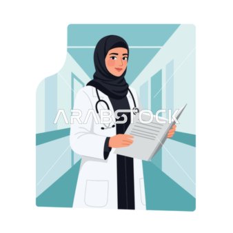 طبيبة عربية محترفة ترتدي الحجاب ومعطف المختبر، تحمل ملفات المرضى في ممر المستشفى،  التفاني في الرعاية الصحية.، خلفية بيضاء، فيكتور اليستريتور.