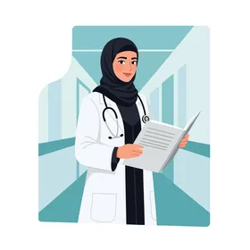 طبيبة عربية محترفة ترتدي الحجاب ومعطف المختبر، تحمل ملفات المرضى في ممر المستشفى،  التفاني في الرعاية الصحية.، خلفية بيضاء، فيكتور اليستريتور.