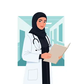طبيبة عربية محترفة ترتدي الحجاب ومعطف المختبر، تحمل ملفات المرضى في ممر المستشفى،  التفاني في الرعاية الصحية.، خلفية بيضاء، فيكتور اليستريتور.