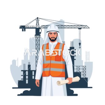 التنمية والنمو الحضري في الشرق الأوسط،  مهندس عربي محترف أو معماري يقف بثقة في موقع بناء، يحمل مخططات، خلفية بيضاء، فيكتور اليستريتور.