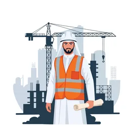 التنمية والنمو الحضري في الشرق الأوسط،  مهندس عربي محترف أو معماري يقف بثقة في موقع بناء، يحمل مخططات، خلفية بيضاء، فيكتور اليستريتور.