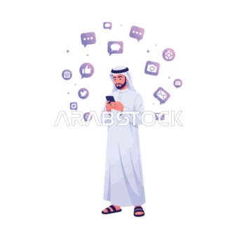Surrounded by a cloud of social media and communication icons, an Arab man wearing traditional thobe and ghutrah is engrossed in his smartphone, with a white background, vector illustration.
