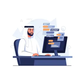 Showcasing modern technology and cultural integration in a professional environment, an Emirati man working hard on his computer, white background, vector illustration.