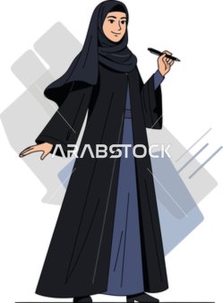 مفهوم التعليم والتمكين، رسم توضيحي أنيق لامرأة عربية واثقة ترتدي عباءة سوداء وحجاباً، تحمل قلماً، خلفية بيضاء، فيكتور اليستريتور.