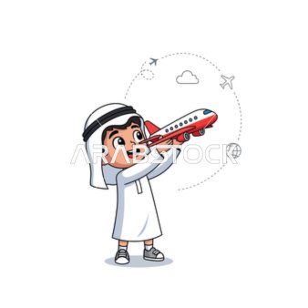 Imagine exciting adventures and global exploration, a little boy wearing traditional Arab clothing dreaming of flying around the world in his toy airplane, white background, vector illustration.