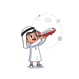 Imagine exciting adventures and global exploration, a little boy wearing traditional Arab clothing dreaming of flying around the world in his toy airplane, white background, vector illustration.