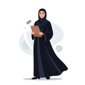 مفهوم الانوثة والاناقة، امرأة عربية أنيقة ترتدي الزي التقليدي تحمل حافظة مستندات، مستعدة للعمل. خلفية بيضاء، فيكتور اليستريتور.