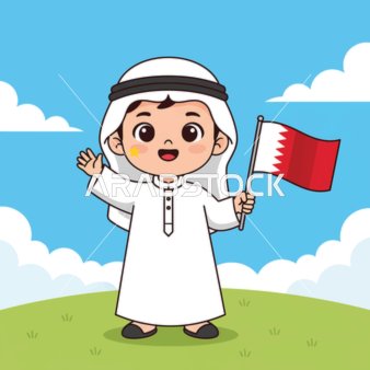 Celebrating Bahrain's National Day, a small child proudly waving the Bahraini flag under a bright sky, the spirit of patriotism and pride in the homeland, white background, vector illustration.