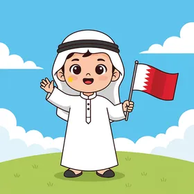 Celebrating Bahrain's National Day, a small child proudly waving the Bahraini flag under a bright sky, the spirit of patriotism and pride in the homeland, white background, vector illustration.