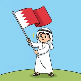 الاحتفال باليوم الوطني البحريني، طفل صغير يلوح بفخر بالعلم البحريني  تحت سماء مشرقة، روح الوطنية والفخر بالوطن، خلفية طبيعية، فيكتور اليستريتور.