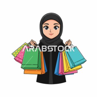 مفهوم التسوق والتنزه، امرأة عربية خليجية سعودية ترتدي عباية سوداء تستمتع بنجاح التسوق، وتحمل حقائب ملونة مليئة بمشترياتها المبهجة، خلفية بيضاء، فيكتور اليستريتور.