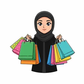 مفهوم التسوق والتنزه، امرأة عربية خليجية سعودية ترتدي عباية سوداء تستمتع بنجاح التسوق، وتحمل حقائب ملونة مليئة بمشترياتها المبهجة، خلفية بيضاء، فيكتور اليستريتور.