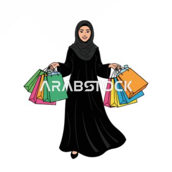 مفهوم التسوق والتنزه، امرأة عربية خليجية سعودية ترتدي عباية سوداء تستمتع بنجاح التسوق، وتحمل حقائب ملونة مليئة بمشترياتها المبهجة، خلفية بيضاء، فيكتور اليستريتور.