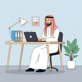 انجاز مهام العمل المكتبية، رجل أعمال عربي خليجي سعودي يرتدي الزي التقليدي يقوم بالعمل على جهاز الكمبيوتر المحمول الخاص به على مكتبه