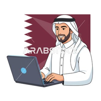 انجاز مهام العمل المكتبية، رجل أعمال عربي خليجي قطري يرتدي الزي التقليدي يقوم بالعمل على جهاز الكمبيوتر المحمول الخاص به على مكتبه، خلفية علم دولة قطر