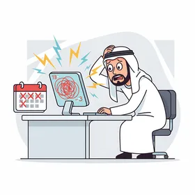 التوتر والانزعاج من ضغط العمل ، انجاز مهام العمل المكتبية، رجل أعمال عربي خليجي قطري يرتدي الزي التقليدي يقوم بالعمل على جهاز الكمبيوتر المحمول الخاص به على مكتبه، الغضب والصراخ بسبب اعطال اللابتوب