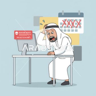 التوتر والانزعاج من ضغط العمل ، انجاز مهام العمل المكتبية، رجل أعمال عربي خليجي قطري يرتدي الزي التقليدي يقوم بالعمل على جهاز الكمبيوتر المحمول الخاص به على مكتبه، الغضب والصراخ بسبب اعطال اللابتوب