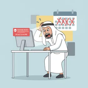 التوتر والانزعاج من ضغط العمل ، انجاز مهام العمل المكتبية، رجل أعمال عربي خليجي قطري يرتدي الزي التقليدي يقوم بالعمل على جهاز الكمبيوتر المحمول الخاص به على مكتبه، الغضب والصراخ بسبب اعطال اللابتوب