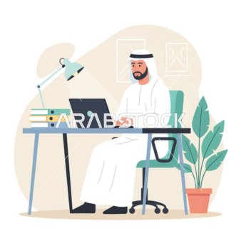 Completing office work tasks, an Arab Gulf Saudi businessman dressed in traditional attire working on his laptop at his desk, using modern technological means.
