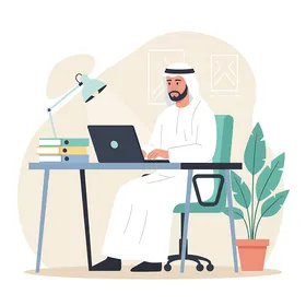 انجاز مهام العمل المكتبية، رجل أعمال عربي خليجي سعودي يرتدي الزي التقليدي يقوم بالعمل على جهاز الكمبيوتر المحمول الخاص به على مكتبه، استخدام وسائل تقنية حديثة