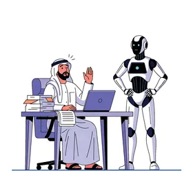 الدهشة بووجود مساعد روبوت حديث، انجاز مهام العمل المكتبية، رجل أعمال عربي خليجي سعودي يرتدي الزي التقليدي يقوم بالعمل على جهاز الكمبيوتر المحمول الخاص به على مكتبه، استخدام وسائل تقنية حديثة