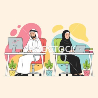 التعاون في تحقيق اهداف الشركة،  انجاز مهام العمل المكتبية، زملاء عمل عرب خليجيون سعوديون بقومون بالعمل على جهاز الكمبيوتر المحمول داخل المكتب، استخدام وسائل تقنية حديثة