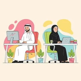 التعاون في تحقيق اهداف الشركة،  انجاز مهام العمل المكتبية، زملاء عمل عرب خليجيون سعوديون بقومون بالعمل على جهاز الكمبيوتر المحمول داخل المكتب، استخدام وسائل تقنية حديثة