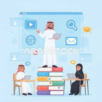 Collaboration in achieving the company's goals, completing office work tasks, Arab Gulf colleagues from Saudi Arabia working on a laptop inside the office, using modern technological means.