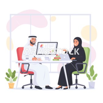 التعاون في تحقيق اهداف الشركة،  انجاز مهام العمل المكتبية، زملاء عمل عرب خليجيون سعوديون بقومون بالعمل على جهاز الكمبيوتر المحمول داخل المكتب، استخدام وسائل تقنية حديثة