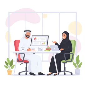 التعاون في تحقيق اهداف الشركة،  انجاز مهام العمل المكتبية، زملاء عمل عرب خليجيون سعوديون بقومون بالعمل على جهاز الكمبيوتر المحمول داخل المكتب، استخدام وسائل تقنية حديثة