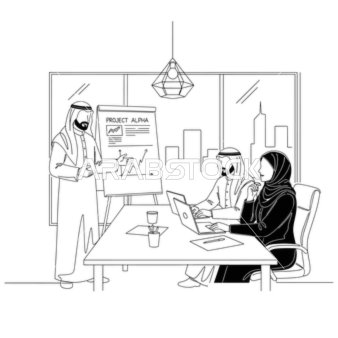 التعاون في تحقيق اهداف الشركة،  انجاز مهام العمل المكتبية، زملاء عمل عرب خليجيون سعوديون بقومون بالعمل على جهاز الكمبيوتر المحمول داخل المكتب، استخدام وسائل تقنية حديثة