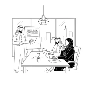 التعاون في تحقيق اهداف الشركة،  انجاز مهام العمل المكتبية، زملاء عمل عرب خليجيون سعوديون بقومون بالعمل على جهاز الكمبيوتر المحمول داخل المكتب، استخدام وسائل تقنية حديثة