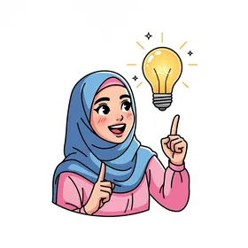 امرأة عربية خليجية سعودية ترتدي الحجاب تقترح فكرة جديدة، لمبة مضيئة فوق الرأس، مفهوم الابداع و الابتكار والإلهام.