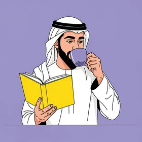 Practicing the hobby of reading and literature, enjoying a favorite drink, an Arab Gulf Saudi man wearing traditional Saudi attire holding a book in one hand and sipping a cup of coffee, with a blue background.