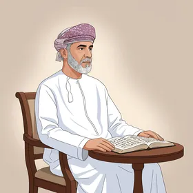 ممارسة هواية المطالعة والقراءة، رجل عربي خليجي عماني يرتدي الزي التقليدي يجلس على كرسي ويقوم بقراءة كتاب، خلفية بيضاء