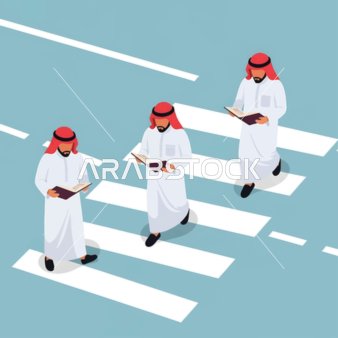 ممارسة هواية المطالعة والقراءة، رجال عرب خليجيون سعوديون يرتديون الزي التقليدي يجلس يقومون بقراءة كتاب، الاندماج في القراءة اثناء المشي