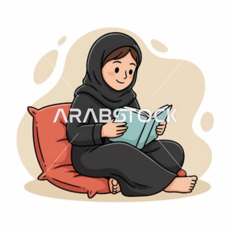 ممارسة هواية المطالعة والقراءة، رسم كرتوني لشابة عربية خليجية سعودية ترتدي الحجاب والعباءة تقوم بقراءة كتاب، الاندماج في القراءة
