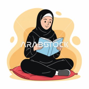 Practicing the hobby of reading and literature, a cartoon drawing of a young Arab Gulf Saudi woman wearing a hijab and abaya reading a book, immersed in reading.