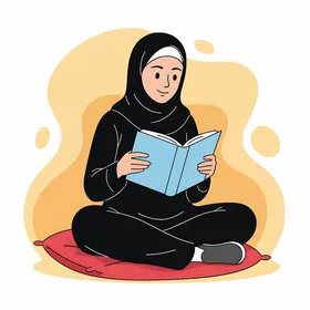 Practicing the hobby of reading and literature, a cartoon drawing of a young Arab Gulf Saudi woman wearing a hijab and abaya reading a book, immersed in reading.