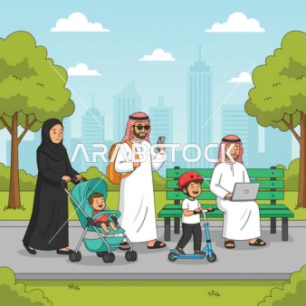 التسلية والترفيه في الحدائق والمنتزهات، عائلة عربية خليجية اماراتية يقومون بنزهة في الهواء الطلق، قضاء وقت ممتع ومسلي مع الاسرة