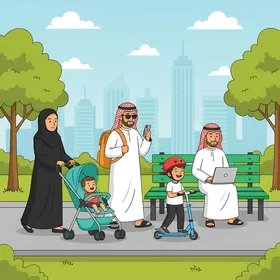 Entertainment and recreation in parks and gardens, an Arab Gulf Emirati family is having a picnic outdoors, spending enjoyable and fun time with the family.